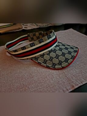 Gucci Beige GG Canvas Sun Visor with Navy & Red Stripe